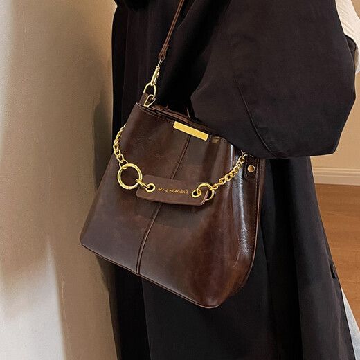 Marie Claire Light Luxury Bag Women's 2025 Women's Bucket Bag Shoulder Bag Anniversary Birthday Gift for Wife Coffee Color Brand Gift Box