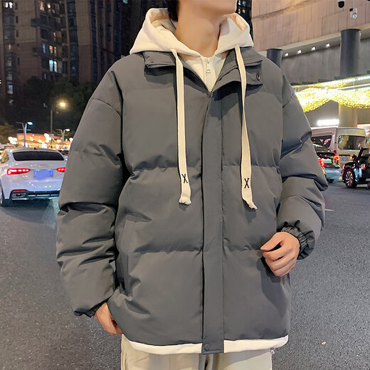 Playboy (PLAYBOY) fake two-piece hooded thickened cotton coat for men autumn and winter 2026 new cotton coat jacket for men loose warm bread coat 636# dark gray XL recommended 140~160Jin Jin equals 0.5 kg to wear
