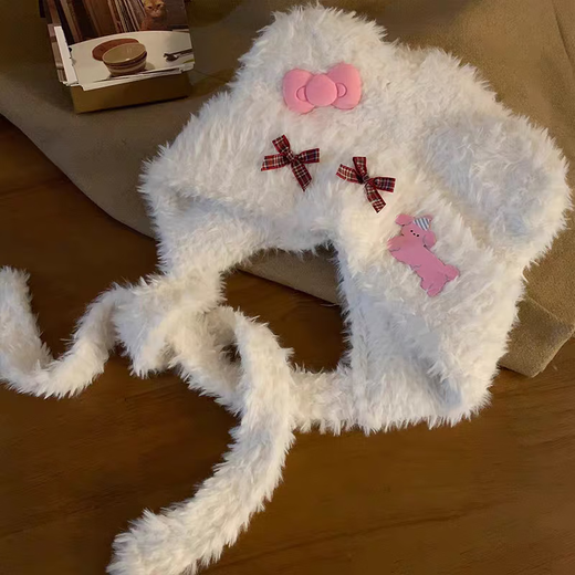 Colorful hat for women, cute little bear ears, cat bow plush hat, autumn and winter warm and ear-protecting Lei Feng hat, small face