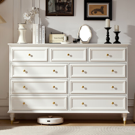 MIKEMIJIA Five Drawers and Seven Drawers Cabinet Bedroom Wall Drawer Cabinet Bedside Storage Cabinet Living Room Retro Warm White Solid Wood Dressing Table + Stool (Mirror Not Included) Completely Delivered to Your Home Completely Equipped (Table legs need to be assembled manually)