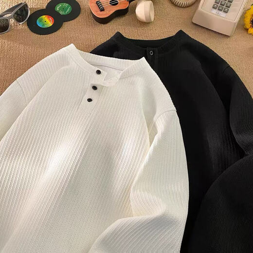 SHANNU long-sleeved T-shirt men's autumn and winter cleanfit textured inner layer Henry collar loose sweater bottoming shirt HT25079 white XL