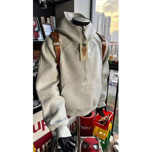 棉致美式半拉链连帽卫衣男秋冬季新款重磅cleanfit休闲上衣外套加绒 Y501白灰色【常规高品质37】 XL 120-140斤