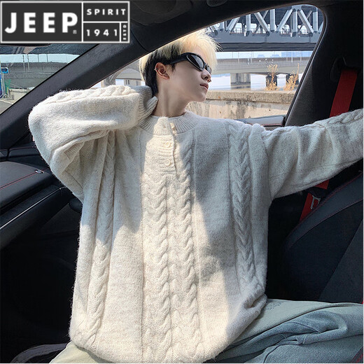 JEEP SPIRIT Henry collar sweater for men in autumn and winter fashion cable pattern blended pullover sweater for men simple warm woolen clothes off-white M