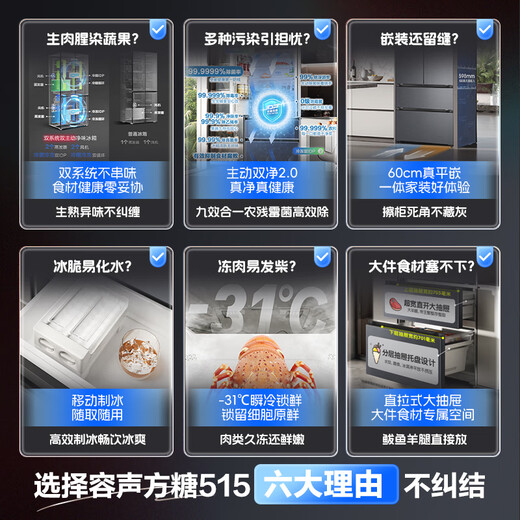 Rongsheng Cube Sugar 515 active dual-purification dual-system French multi-door four-door ultra-thin zero-embedded refrigerator ice making first-class energy efficiency BCD-515P60FZMAD gray national subsidy