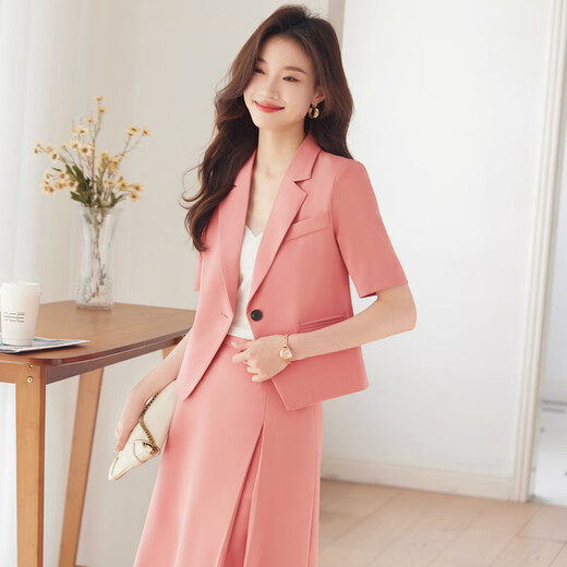 蓝色短款西装套装裙女薄款夏季小个子高级感气质职业西服外套短袖 粉色 单件外套（Ki826） 2XL
