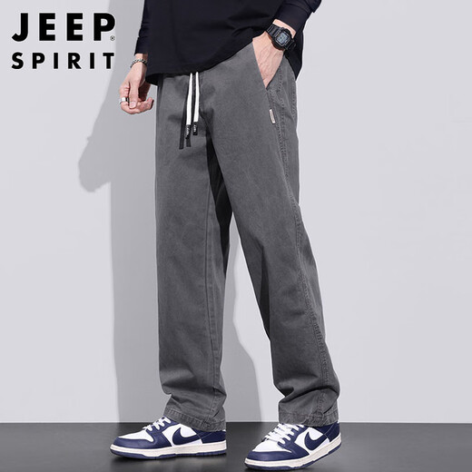 JEEP SPIRIT Jeep pure cotton casual pants men's autumn and winter loose straight pants men's workwear wide-leg pants gray L