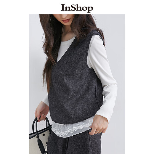 InShop shopping mall same style new women's commuter v-neck vest with long-sleeved top and wide-leg trousers three-piece set, dark gray L