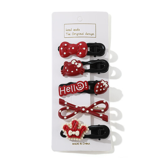 Add cute polka-dot bow hairpins for girls, fresh, sweet and versatile duckbill clips with side bangs and hairpins, hair accessories, red kitten 5-piece set