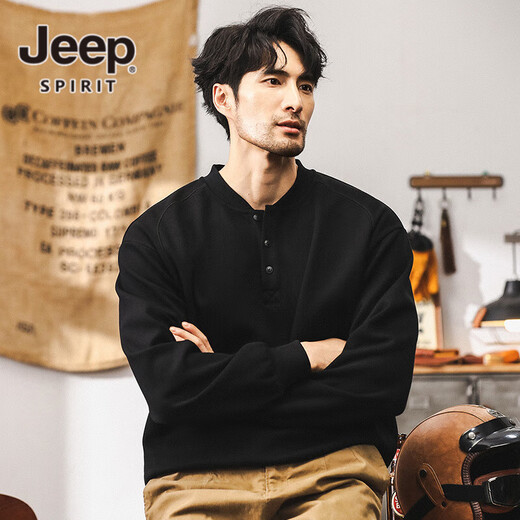 JEEP SPIRIT Jeep retro sweatshirt men's autumn trendy Henry collar half cardigan jacket men's spring and autumn long-sleeved POLO shirt men's black 350g heavyweight XL suitable for 145-160Jin Jin equals 0.5 kg