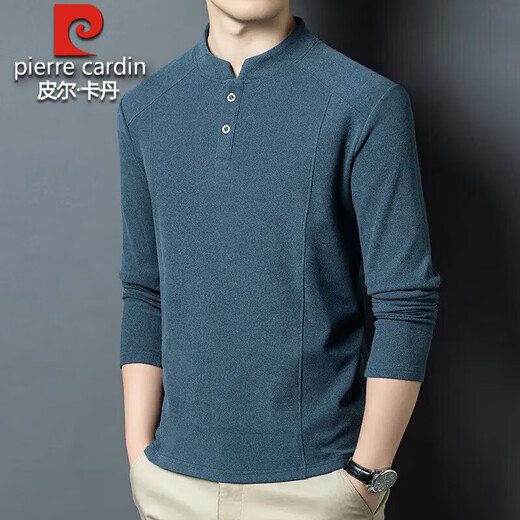 Pierre Cardin 2025 Autumn and Winter Reversible German Velvet Stand Collar Sweatshirt Men's Henley Collar Bottoming Shirt Trendy Versatile Long Sleeve T-Shirt Black D509 XL Recommended 130-150Jin Jin equals 0.5kg