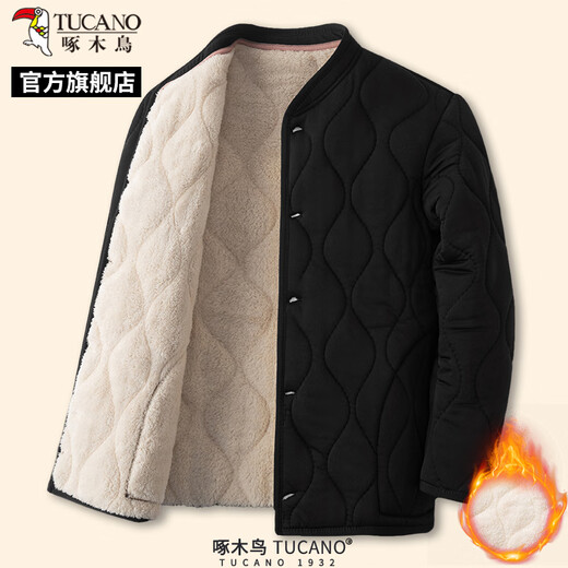 Woodpecker winter men's new alpaca fleece cotton jacket for middle-aged and elderly warm jacket dad's inner small cotton jacket C black XL suitable for 120-140Jin Jin equals 0.5 kg