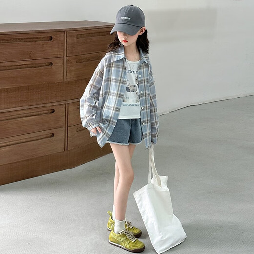 Girls plaid shirt autumn top 2025 new inch coat medium and large children's trendy long-sleeved shirt sun protection blue 130