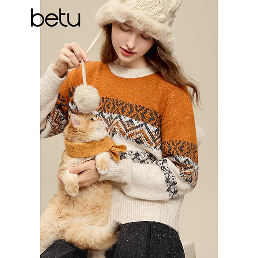 Betu Women's 2025 Winter New Sweater Retro Contrast Color Jacquard Simple Slim Round Neck Top Women 2511T46 Orange M