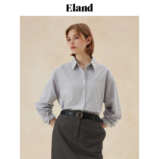 ELAND Shirt Women's Lapel Buttoned Loose Shirt Top Khaki 165