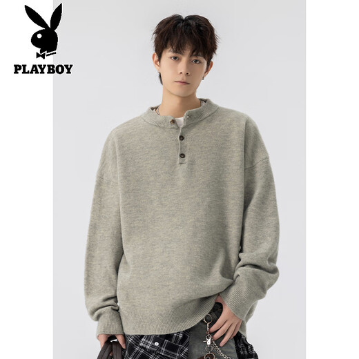 Playboy (PLAYBOY) brand sweater men's new winter henley collar sweater men's Japanese loose casual simple bottoming shirt men's apricot M