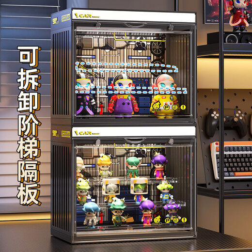 KAMAN blind box storage display stand suitable for Bubble Mart display box figure container transparent dust-proof display cabinet with light, fashionable white with light/three layers 3 pcs