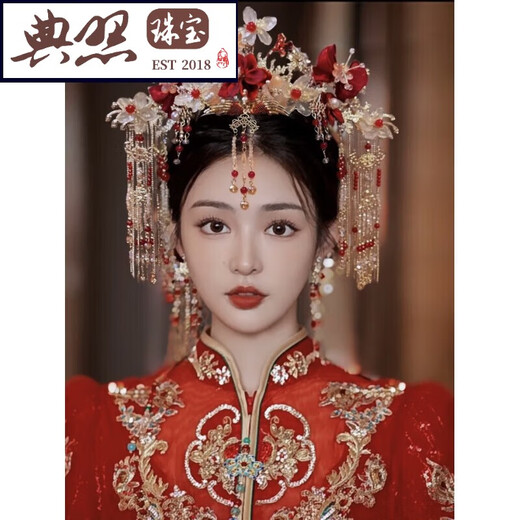 Typical photo of Fengguan Xiamei headdress Xiuhe suit Chinese style bride 2025 new red bow glazed hair crown ancient style wedding A main crown + back area + earrings gift box