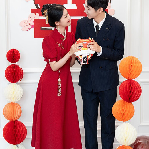 Pubindi Bridal Toast Wear Chinese Cheongsam Toast Wear 2025 New New Red Bride Wedding Engagement Return Dress Burgundy XS