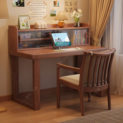 Huixun solid wood desk and bookshelf integrated bedroom simple computer desk home large board study table small apartment student writing desk ivory white #desk + bookshelf 120cm*60cm*75cm total height 109cm