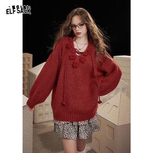 Fairy's Pocket Red Three-dimensional Rose V-neck Sweater Women's 2025 Autumn and Winter New Lazy Style Loose Top Rose Red M