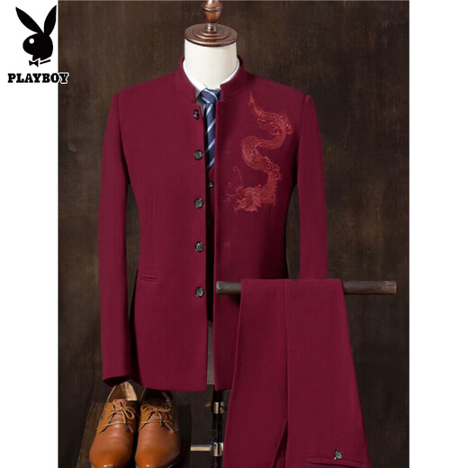 Playboy Chinese tunic suit for young men Chinese suit suit men Chinese stand collar casual jacket wedding dress two-piece trendy gray-TZ109 suit + pants XL 135Jin Jin equals 0.5 kg for inner wear