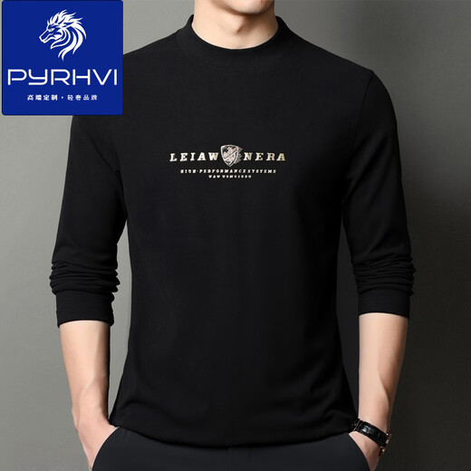 PYRHVI品牌长袖t恤男半高领春秋季双面德绒内衣服男士薄款打底印花体恤 6218蓝色 M 165/105/48