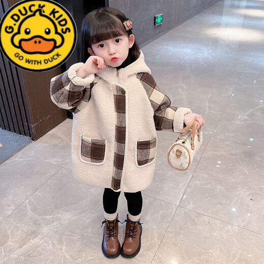G.DUCKKIDS女宝宝毛呢外套秋冬款2025新款洋气儿童装加厚大衣女童冬装中长款 卡其色加厚夹棉 100适合身高90-100cm年龄3-4周岁