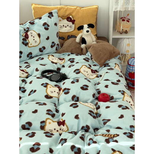 Mercury series ins cool leopard print cat milk velvet thickened four-piece set dopamine double-sided coral velvet quilt cover cartoon three-piece set velvet-mixed leopard print cat blue 1.2m bed sheet three-piece set (quilt cover 150*200cm)