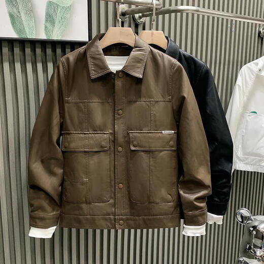 European fashionable leather jacket men's new style pie overcoming the trend handsome fashion brand motorcycle clothing spring and autumn men's leather jacket brown L recommended weight 115-130Jin Jin is equal to 0.5 kg