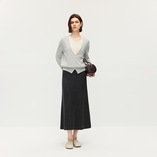 OCHIRLY Wool A-Line Woolen Skirt Mid-Length Style Commuting 2025 Autumn New Product Dark Gray L
