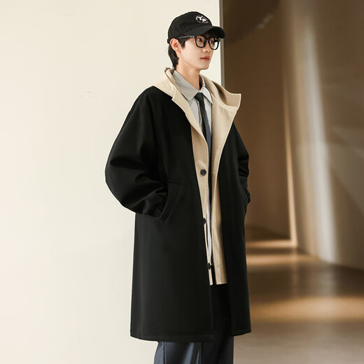 ROMON men's windbreaker mid-length high-end hooded fake two-piece windbreaker coat autumn and winter thickened men's coat apricot 2XL