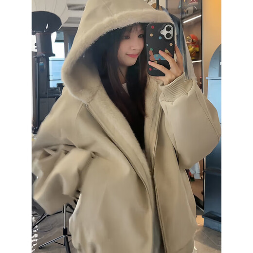 ZHUYIFAN hooded mountain carving leather jacket, men's and women's winter velvet thickened warm fur collar cotton jacket trendy brand apricot upgraded version L 110-130Jin Jin is equal to 0.5 kg