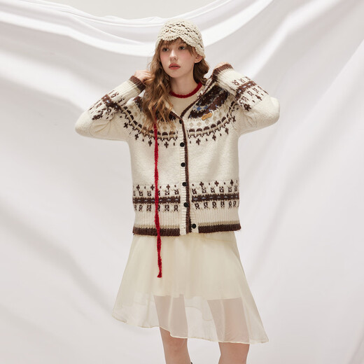 UNIFREE Fair Isle Wool Sweater Women's Autumn New Soft Hooded Loose Versatile Slim Cardigan Apricot One Size