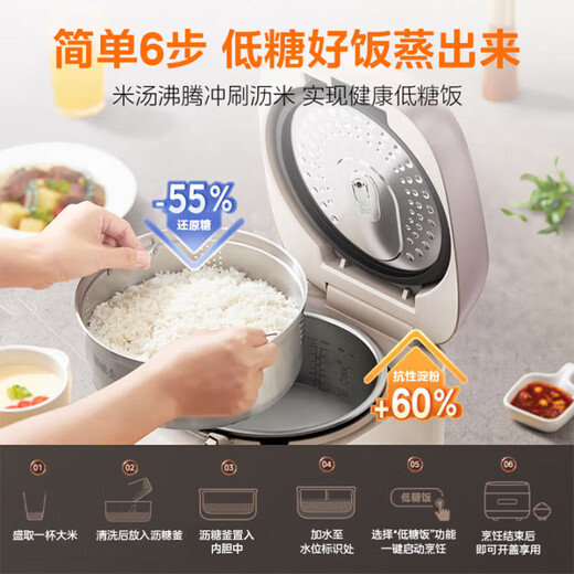Midea low-sugar rice cooker 0-coated household 4-liter IH heating 316L stainless steel liner multi-function rice cooker 4-5 people MB-HS451S government subsidy