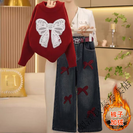 Siyang girls winter 2025 new fashion Korean style thickened Christmas red sweater, medium and large children's velvet jeans suit trendy H white bow sweater and black velvet jeans (120