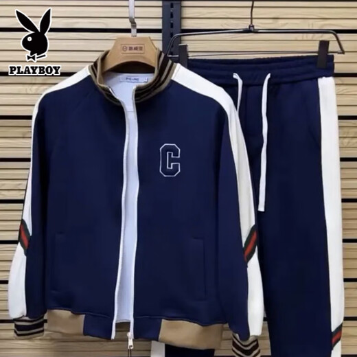 Playboy Spring and Autumn New Light Luxury Versatile Sports and Leisure Suit Men's Letter C Stand Collar Jacket Fashionable and Handsome Two-piece Set Black Complete Set 2XL 110-130Jin Jin is equal to 0.5 kg