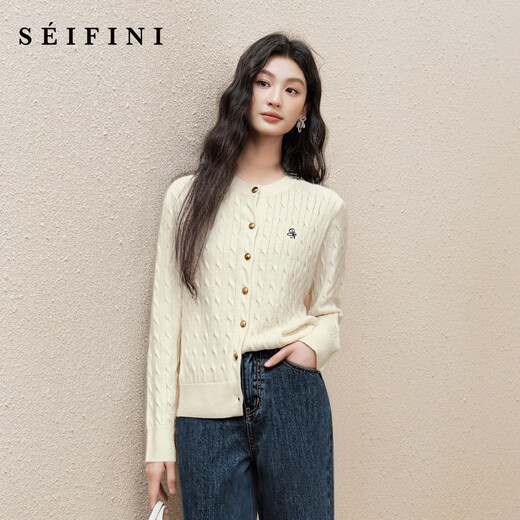 Shi Fanli (S EIFINI) Meng Ziyi's same style 2026 spring special new color embroidered cable knit cardigan all wool old money style sweater cardigan off-white M