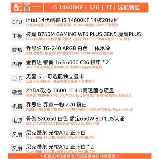 Gigabyte i7 14700KF/265KF/285K-core integrated graphics without graphics card optional RTX50805070ti Qiao Sibo Z20 white portable game design desktop computer host 1 i5 14600KF丨32G丨1T