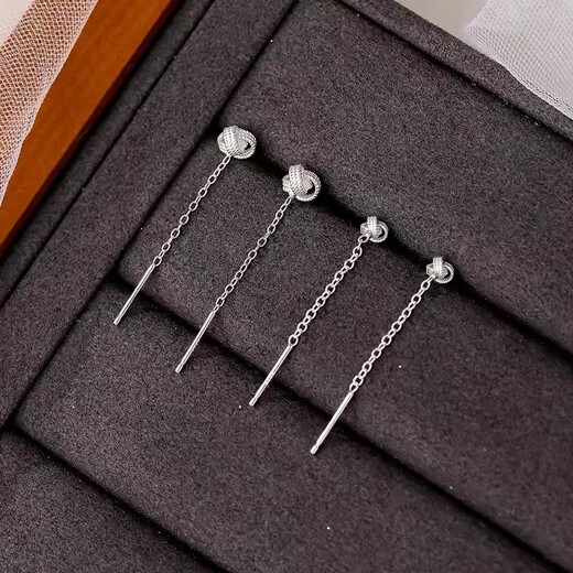 Pupan Lao Phoenix 9999 Sterling Silver Auspicious Ruyi Knot Ear Wire Women's Earrings Short Tassel Ear Chain Simple Earrings Auspicious Ruyi Knot Ear Wire 6mm+4mm Two Pairs of Lao Fengxiang Same Style