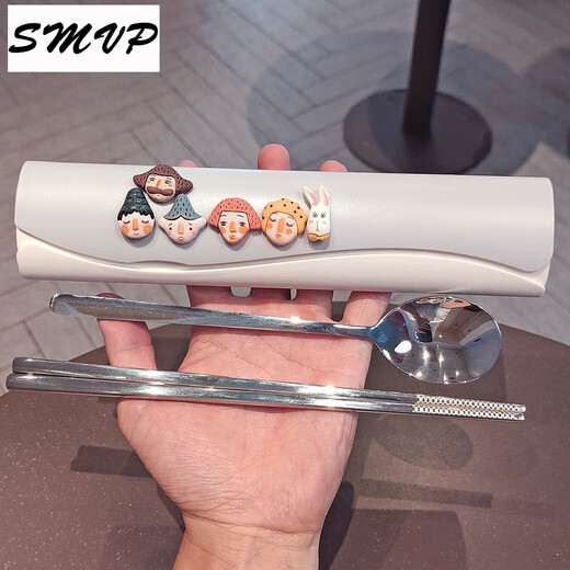 迪士尼（Disney）304不锈钢餐具筷子勺子套装单人儿童便携一人用三件套学生收纳盒 双开盖餐具-粉色(小猫蝴蝶结)