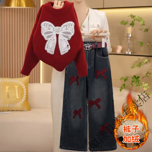 Siyang girls winter 2025 new fashion Korean style thickened Christmas red sweater, medium and large children's velvet jeans suit trendy H white bow sweater and black velvet jeans (120