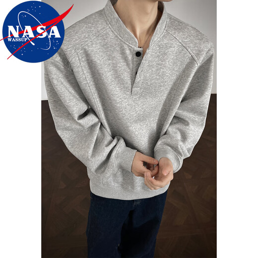 Nasawassup25 spring and autumn new American Polo Henry shirt, high-end, handsome, trendy brand, casual loose men's base sweatshirt, black 5XL