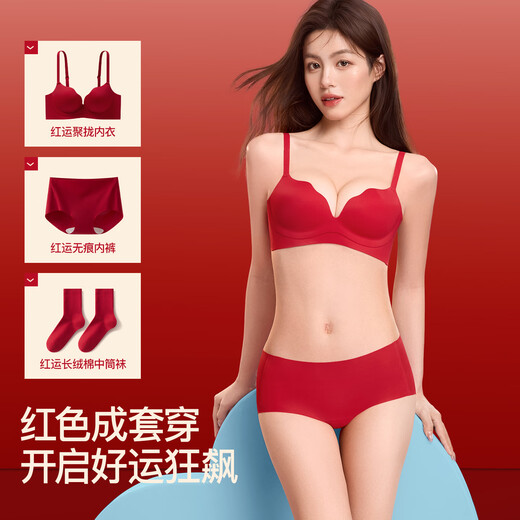 SecretWorld Zodiac Year Women's Underwear Set Small Breast Red Underwear Wedding Bride Wedding Bra Underwear Year of the Horse Gift Box