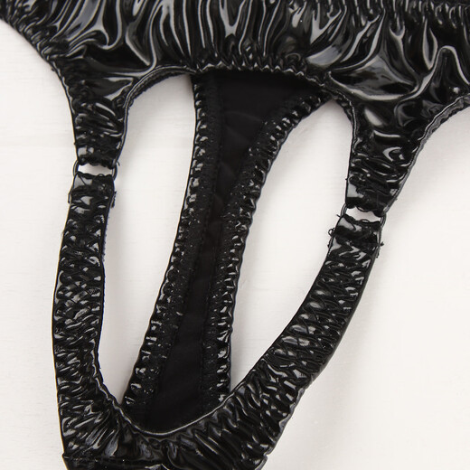 PYONGRAINS men's front hollow underwear sexy bright leather men's thong iron ring mid-low waist T-line underwear black sub-size S