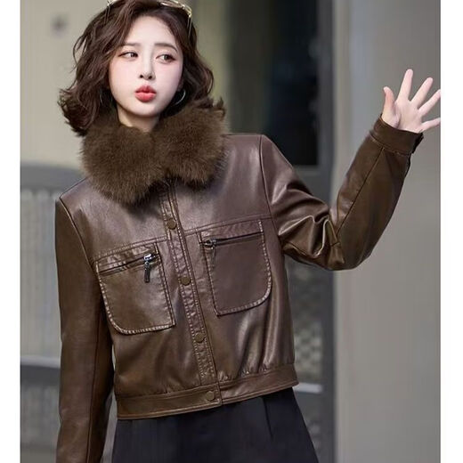 Playboy (PLAYBOY) brand Haining detachable fur collar leather jacket for women 2025 autumn and winter new velvet thickened leather jacket motorcycle wear fur detachable fur collar brown XL size recommended 105-120 Jin Jin equals 0.5 kg