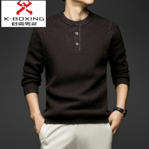 KBXNG Retro Thickened Pure Wool Sweater Men's Winter Henley Collar Wide Version Loose Twisted Thick Wool Warm Sweater Dark Brown S 165