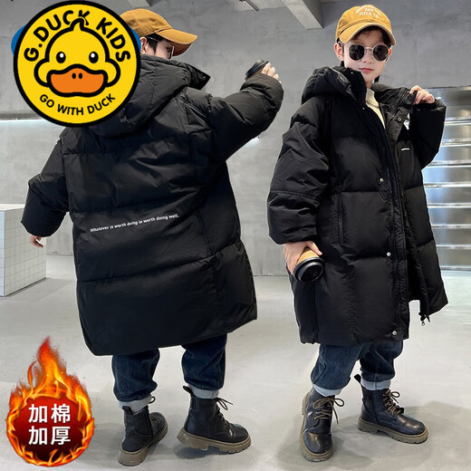 G.duck Children's Boys' Winter Cotton Clothes 2024 New Medium and Large Children's Winter Thickened Cotton Jackets Trendy Brand Medium and Long Down Cotton Jackets Black 120 cm