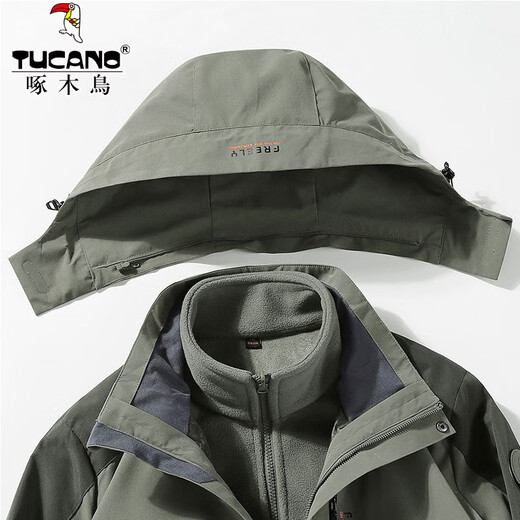 Woodpecker (TUCANO) three-in-one jacket men's winter 2025 new velvet thickened outdoor three-proof warm mountaineering clothing military green (three-in-one removable liner) XL (recommended 120-140 Jin Jin equals 0.5 kg)