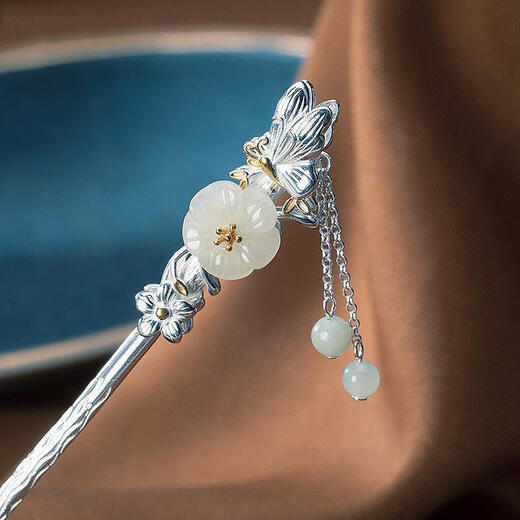 KZD Old Phoenix 999 sterling silver Hetian jade rabbit hairpin Chinese style Hanfu women's headwear hairpin hairpin G15 Hetian jade rabbit hairpin 16cm