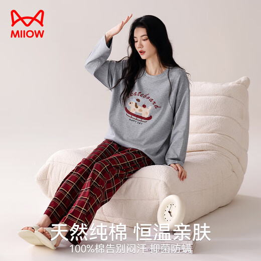 
Cat man pajamas women pure cotton spring and autumn long sleeves 2025 new loose plaid cartoon home clothes grey can be worn outside